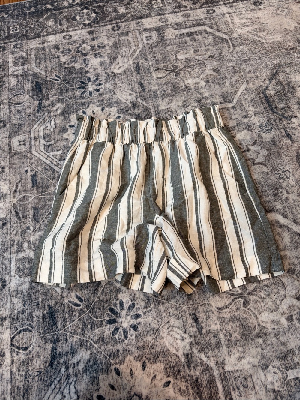 LOFT Olive and Cream Striped High-Waist Paperbag Shorts